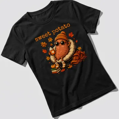 Kawaii illustration of a sweet potato character with a happy smile and warm colors — printed on a women's shirt
