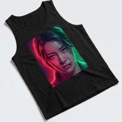 Digital art of a female character in bright colors, themed around KDrama and LGBTQ+ — printed on a tank top