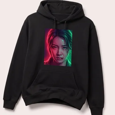 Digital art of a female character in bright colors, themed around KDrama and LGBTQ+ — printed on a unisex hoodie