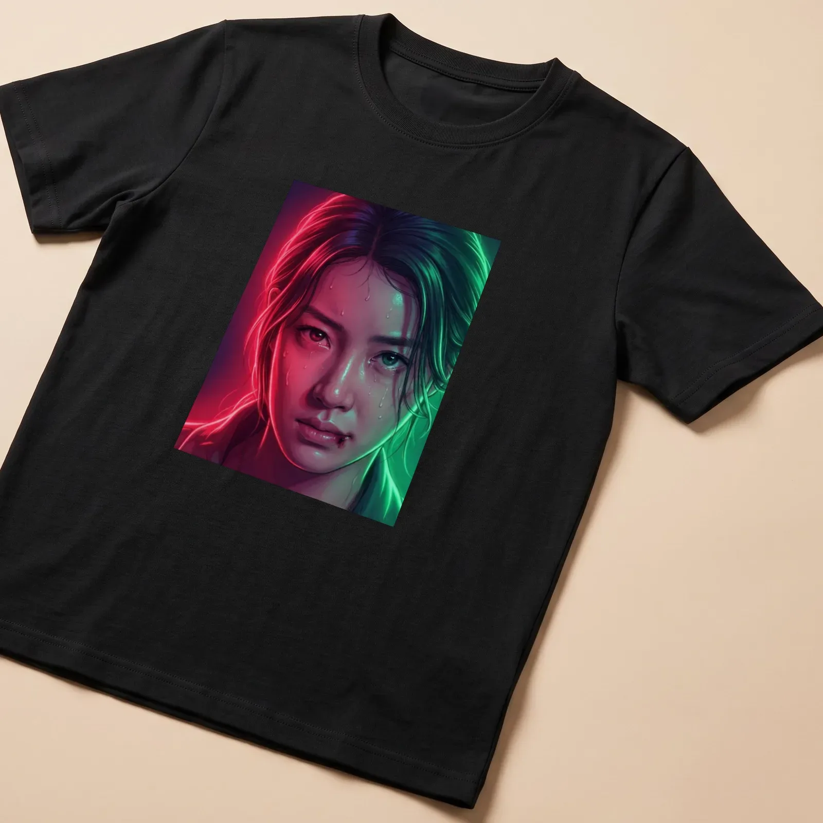 Digital art of a female character in bright colors, themed around KDrama and LGBTQ+ — printed on a unisex t-shirt
