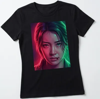 Digital art of a female character in bright colors, themed around KDrama and LGBTQ+ — printed on a women's shirt