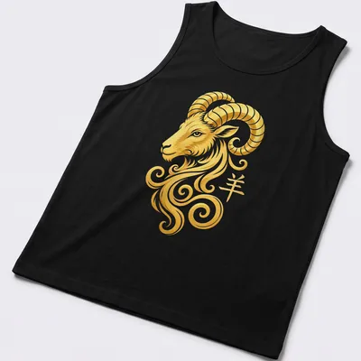 Illustration of a swirling Chinese Zodiac Ram Head with the symbol '羊' in gold and white. — printed on a tank top