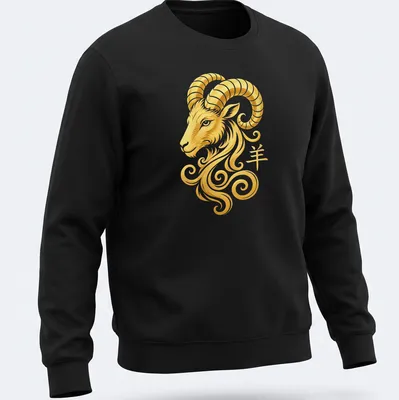 Illustration of a swirling Chinese Zodiac Ram Head with the symbol '羊' in gold and white. — printed on a unisex sweatshirt