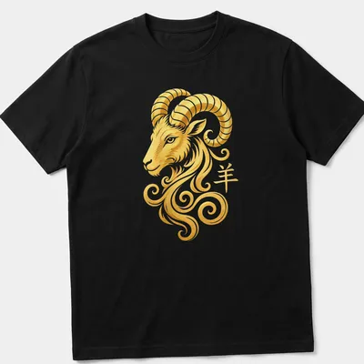 Illustration of a swirling Chinese Zodiac Ram Head with the symbol '羊' in gold and white. — printed on a unisex t-shirt