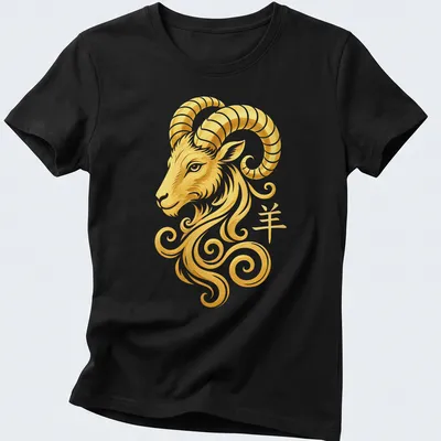 Illustration of a swirling Chinese Zodiac Ram Head with the symbol '羊' in gold and white. — printed on a women's shirt