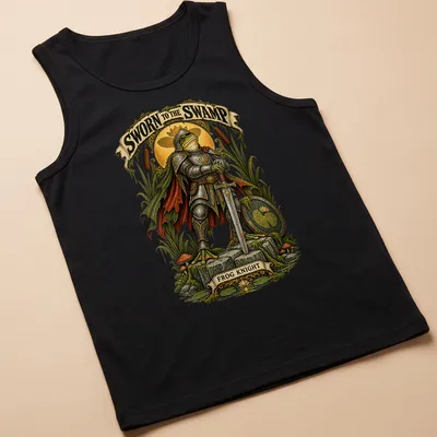 Illustration of a frog knight in armor with the phrase Sworn to the Swamp Frog Knight — printed on a tank top