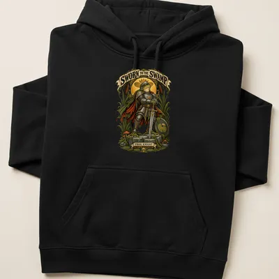 Illustration of a frog knight in armor with the phrase Sworn to the Swamp Frog Knight — printed on a unisex hoodie