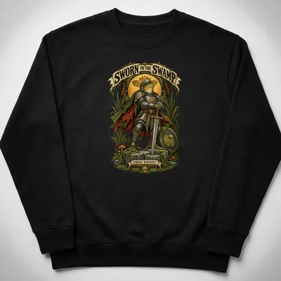 Illustration of a frog knight in armor with the phrase Sworn to the Swamp Frog Knight — printed on a unisex sweatshirt