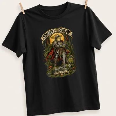 Illustration of a frog knight in armor with the phrase Sworn to the Swamp Frog Knight
