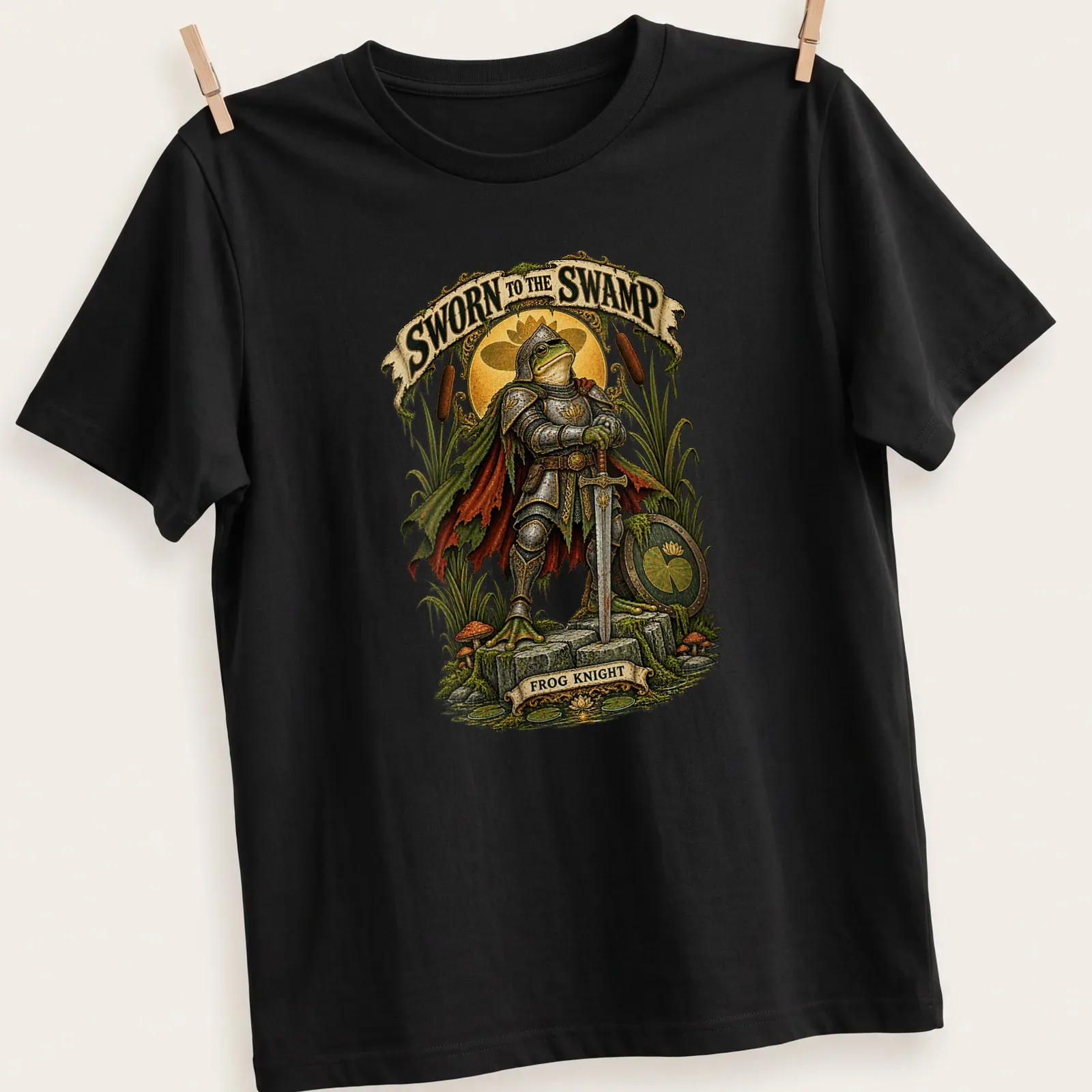 Illustration of a frog knight in armor with the phrase Sworn to the Swamp Frog Knight — printed on a unisex t-shirt