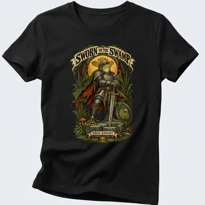 Illustration of a frog knight in armor with the phrase Sworn to the Swamp Frog Knight — printed on a women's shirt