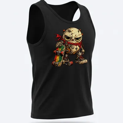 Grunge cartoon gearhead skate punk character shirt with bold T+ design — printed on a tank top