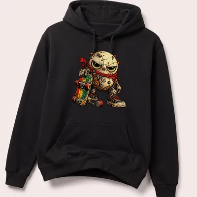 Grunge cartoon gearhead skate punk character shirt with bold T+ design — printed on a unisex hoodie