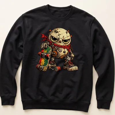 Grunge cartoon gearhead skate punk character shirt with bold T+ design — printed on a unisex sweatshirt