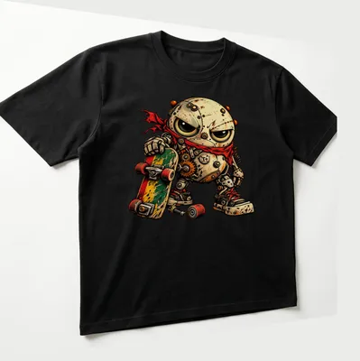 Grunge cartoon gearhead skate punk character shirt with bold T+ design — printed on a unisex t-shirt (angled view)