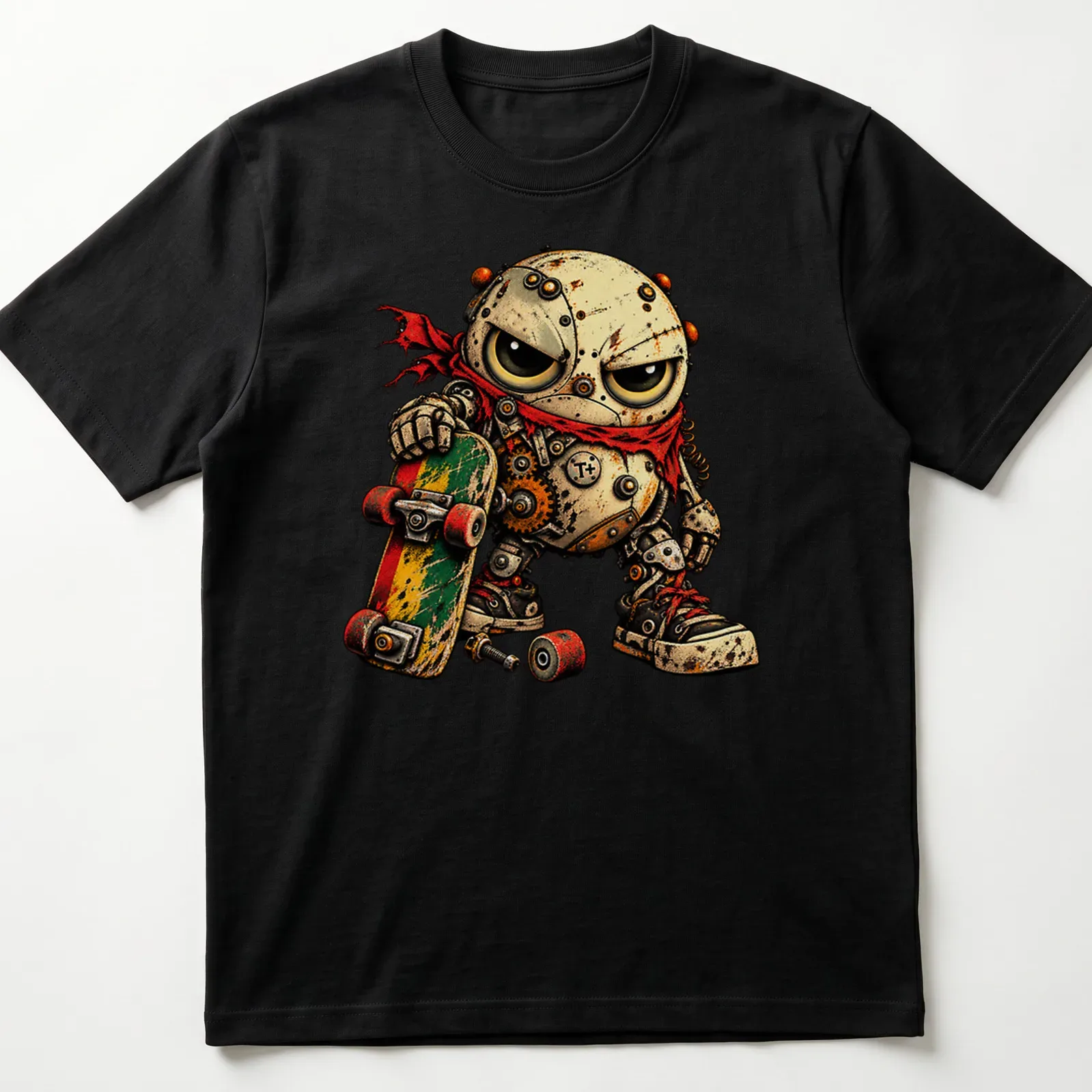 Grunge cartoon gearhead skate punk character shirt with bold T+ design — printed on a unisex t-shirt