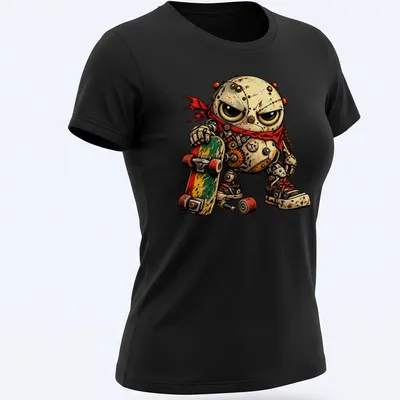 Grunge cartoon gearhead skate punk character shirt with bold T+ design — printed on a women's shirt