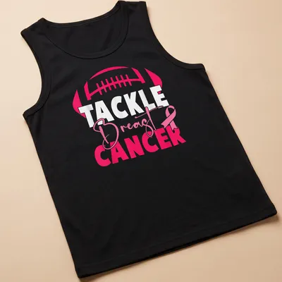 Bold football and pink ribbon design promoting breast cancer awareness — printed on a tank top