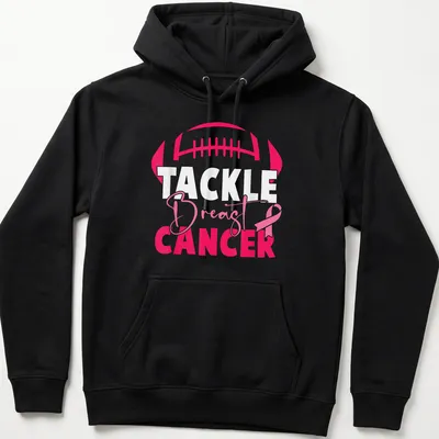 Bold football and pink ribbon design promoting breast cancer awareness — printed on a unisex hoodie