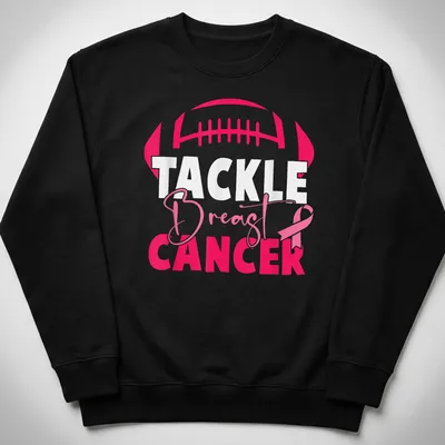 Bold football and pink ribbon design promoting breast cancer awareness — printed on a unisex sweatshirt