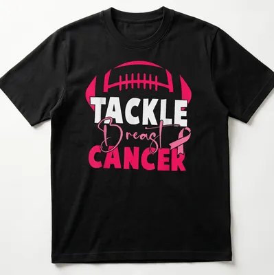 Bold football and pink ribbon design promoting breast cancer awareness — printed on a unisex t-shirt