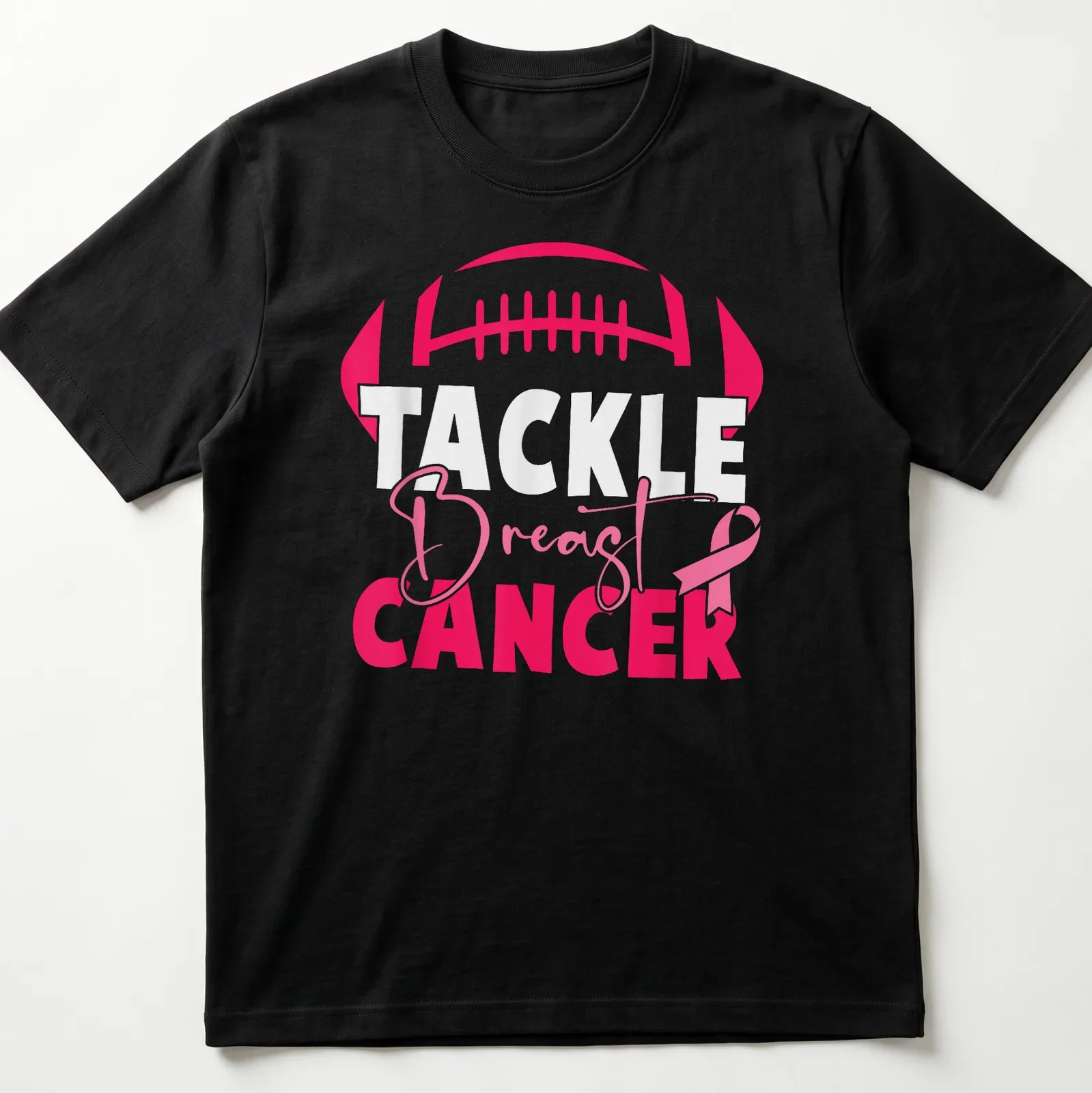 Bold football and pink ribbon design promoting breast cancer awareness — printed on a unisex t-shirt