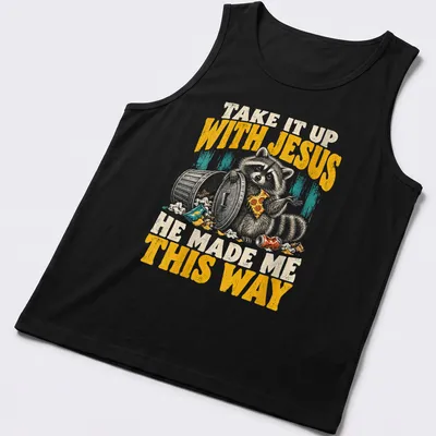 Vintage distressed Raccoon tee with humorous text about embracing individuality — printed on a tank top