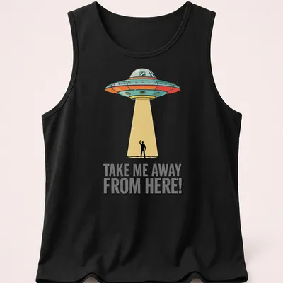 Retro UFO design with the words Take Me Away From Here printed above. — printed on a tank top