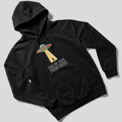 Retro UFO design with the words Take Me Away From Here printed above. — printed on a unisex hoodie