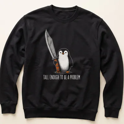 Cartoon penguin with a sword and text declaring it's tall enough to be a problem — printed on a unisex sweatshirt