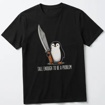 Cartoon penguin with a sword and text declaring it's tall enough to be a problem