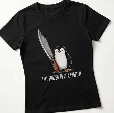 Cartoon penguin with a sword and text declaring it's tall enough to be a problem — printed on a women's shirt