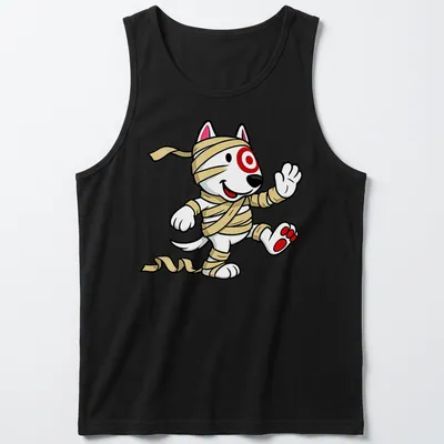 Cartoon mummy dog t-shirt with bandages and playful colors — printed on a tank top