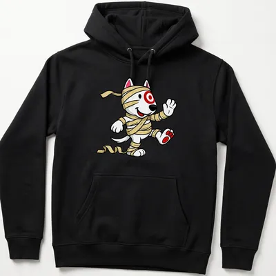 Cartoon mummy dog t-shirt with bandages and playful colors — printed on a unisex hoodie