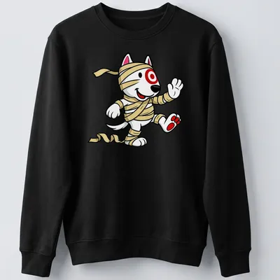 Cartoon mummy dog t-shirt with bandages and playful colors — printed on a unisex sweatshirt