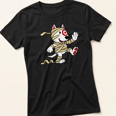 Cartoon mummy dog t-shirt with bandages and playful colors — printed on a women's shirt