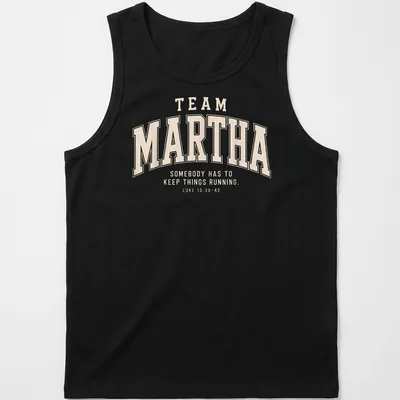 Collegiate style Team Martha shirt with biblical reference in beige and cream — printed on a tank top