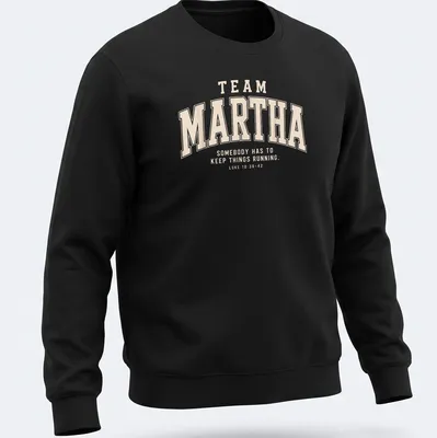 Collegiate style Team Martha shirt with biblical reference in beige and cream — printed on a unisex sweatshirt