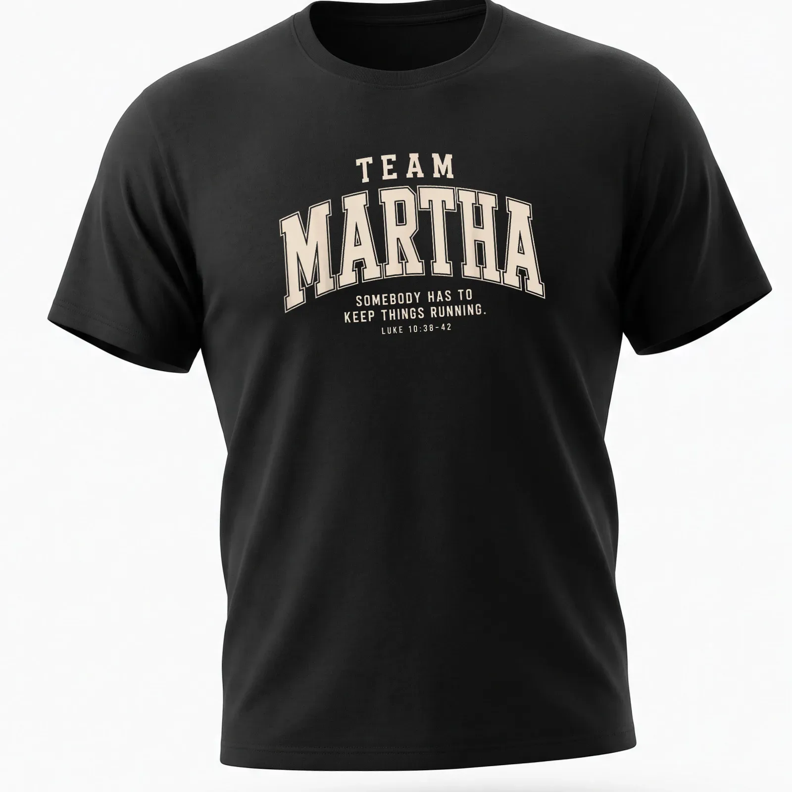 Collegiate style Team Martha shirt with biblical reference in beige and cream — printed on a unisex t-shirt