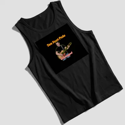Cartoon illustration of a musician playing guitar with text Ten Foot Pole Unplugged — printed on a tank top