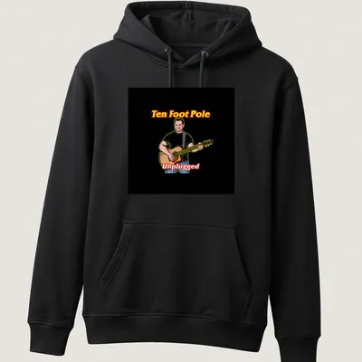 Cartoon illustration of a musician playing guitar with text Ten Foot Pole Unplugged — printed on a unisex hoodie