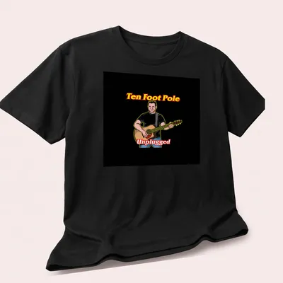 Cartoon illustration of a musician playing guitar with text Ten Foot Pole Unplugged — printed on a unisex t-shirt (angled view)
