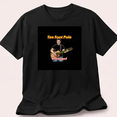 Cartoon illustration of a musician playing guitar with text Ten Foot Pole Unplugged — printed on a unisex t-shirt
