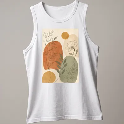 Abstract botanical illustration with flowers and leaves in terracotta and sage green — printed on a tank top
