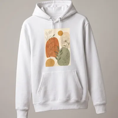 Abstract botanical illustration with flowers and leaves in terracotta and sage green — printed on a unisex hoodie