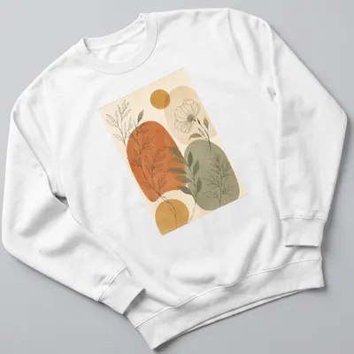 Abstract botanical illustration with flowers and leaves in terracotta and sage green — printed on a unisex sweatshirt