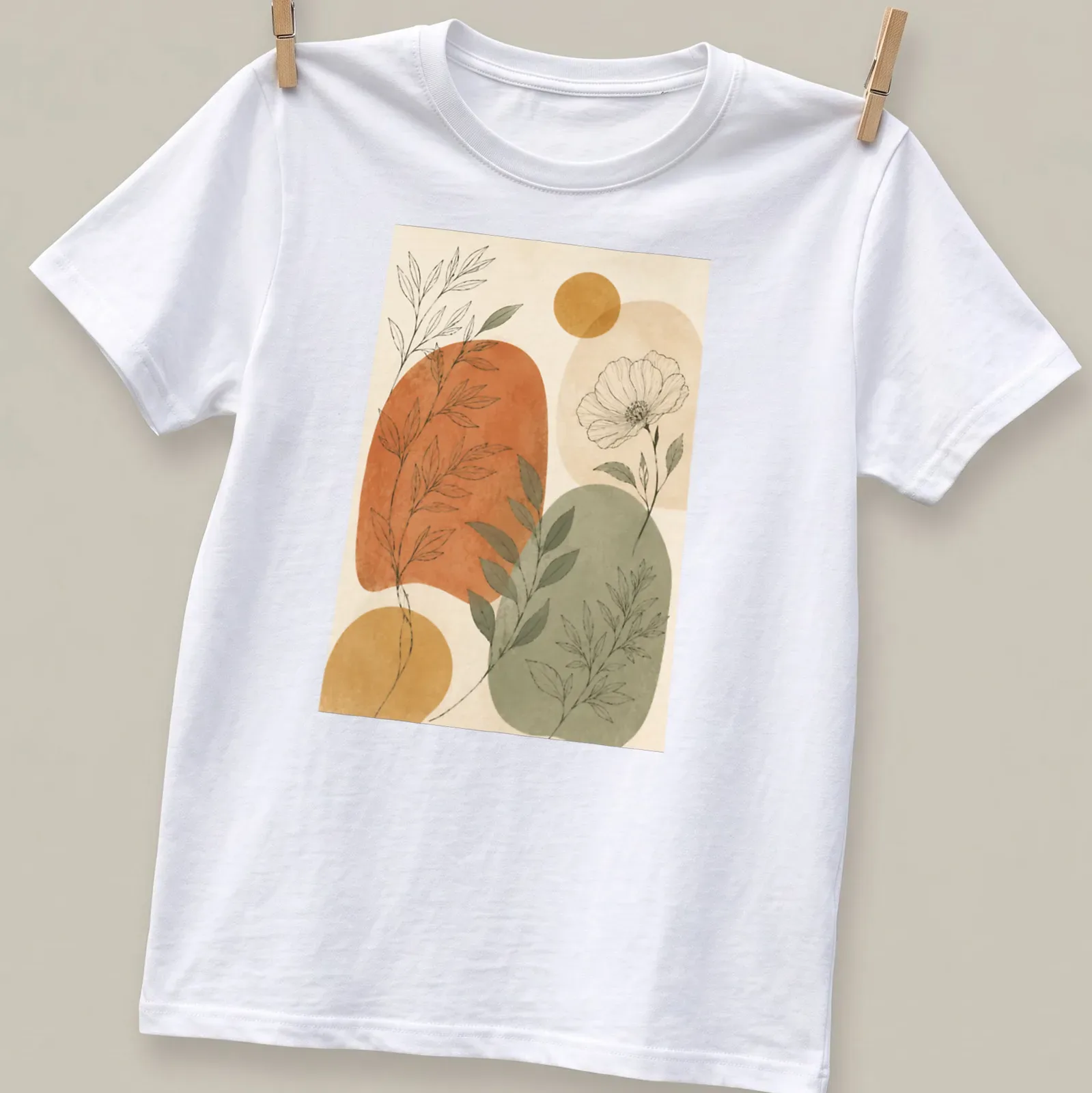 Abstract botanical illustration with flowers and leaves in terracotta and sage green — printed on a unisex t-shirt