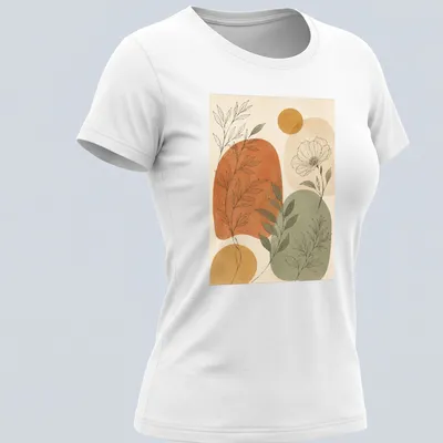 Abstract botanical illustration with flowers and leaves in terracotta and sage green — printed on a women's shirt