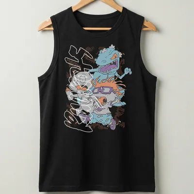 Cartoon of terrified babies running from a blue monster in bright colors — printed on a tank top