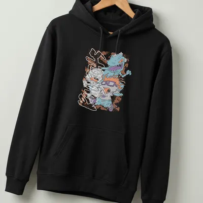 Cartoon of terrified babies running from a blue monster in bright colors — printed on a unisex hoodie